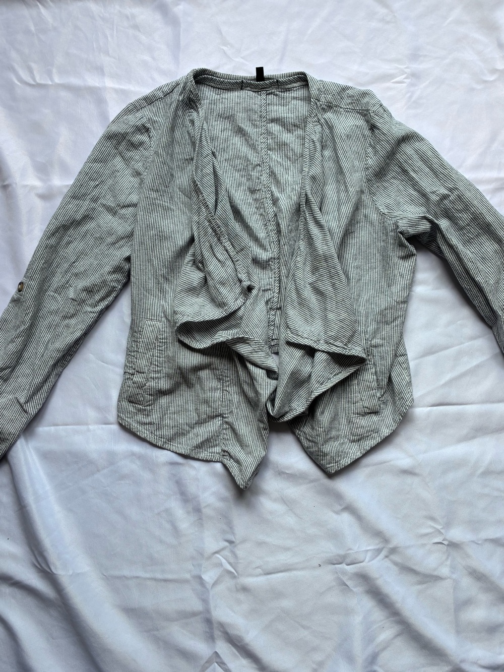 Striped Open-Front Draped Linen Blazer